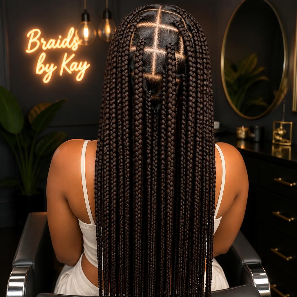 Neatly parted knotless braids viewed from behind