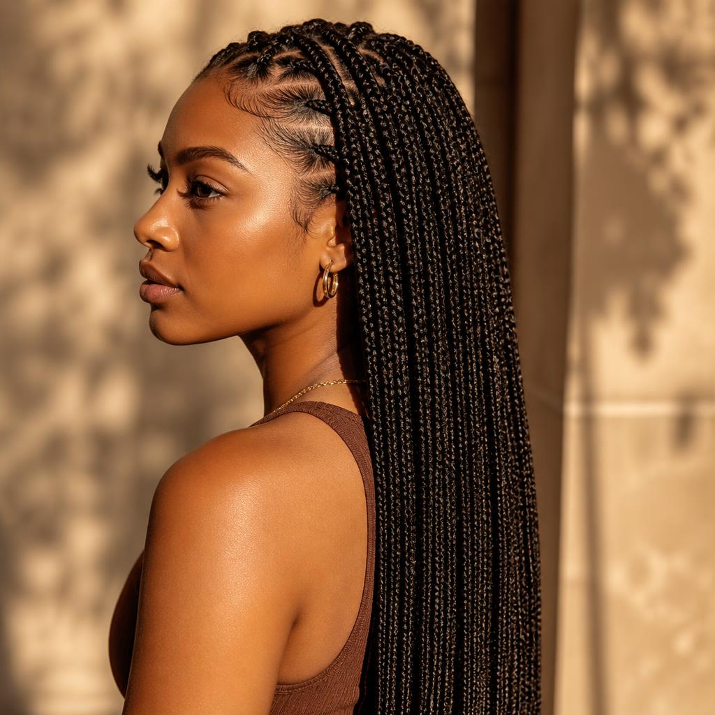 Long individual box braids on a young woman, side profile